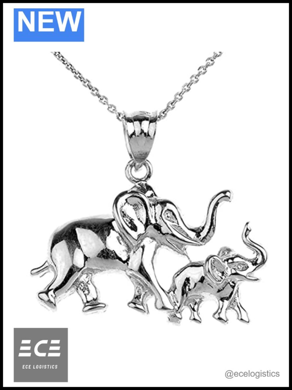 Sterling Silver Mother Child Elephant Pendant Necklace 18" Rolo Chain
